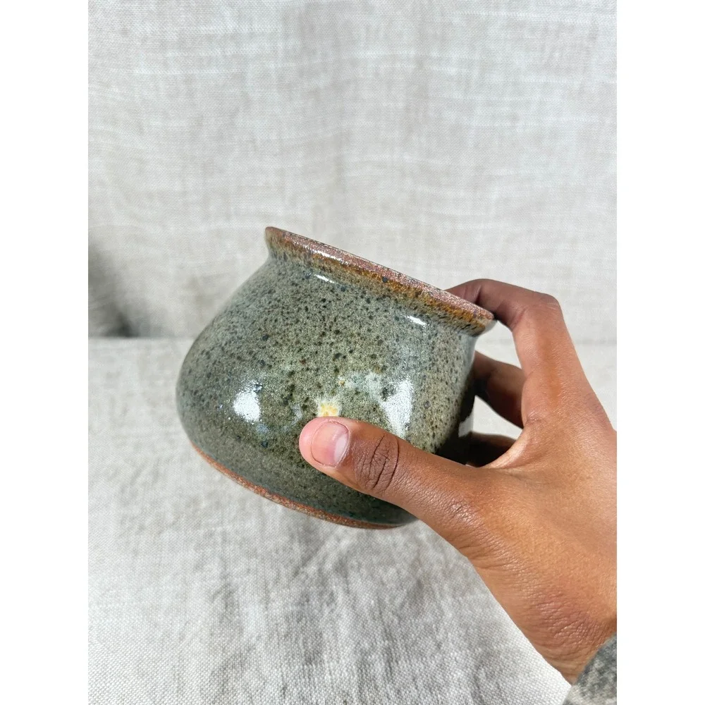 Unbranded Studio Pottery Vessel Small Green Speckled Glaze Vintage Good Rustic